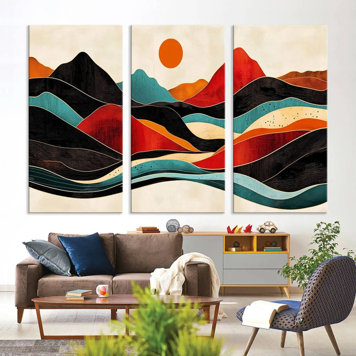 Western Wall Decor - Large Triptych Mountain Canvas - Boho Woodland Wall Art Print - Framed Southwest Nature Prints for Log Cabin Walls