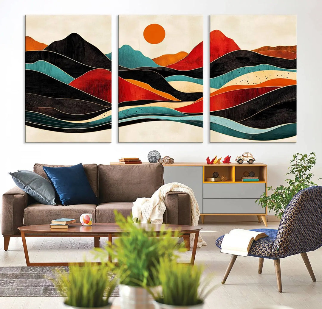 Western Wall Decor - Large Triptych Mountain Canvas - Boho Woodland Wall Art Print - Framed Southwest Nature Prints for Log Cabin Walls