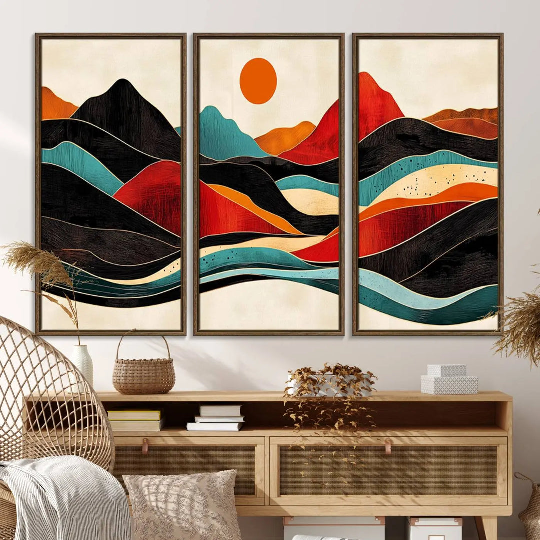 Western Wall Decor - Large Triptych Mountain Canvas - Boho Woodland Wall Art Print - Framed Southwest Nature Prints for Log Cabin Walls