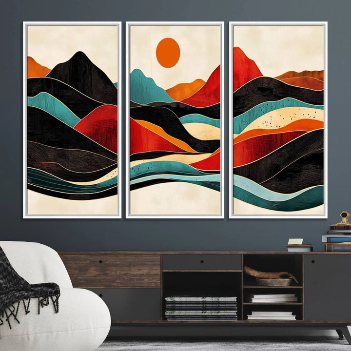 Western Wall Decor - Large Triptych Mountain Canvas - Boho Woodland Wall Art Print - Framed Southwest Nature Prints for Log Cabin Walls