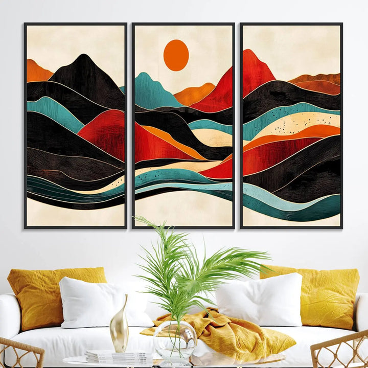 Western Wall Decor - Large Triptych Mountain Canvas - Boho Woodland Wall Art Print - Framed Southwest Nature Prints for Log Cabin Walls