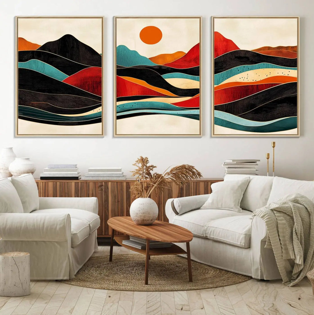 Western Wall Decor - Large Triptych Mountain Canvas - Boho Woodland Wall Art Print - Framed Southwest Nature Prints for Log Cabin Walls