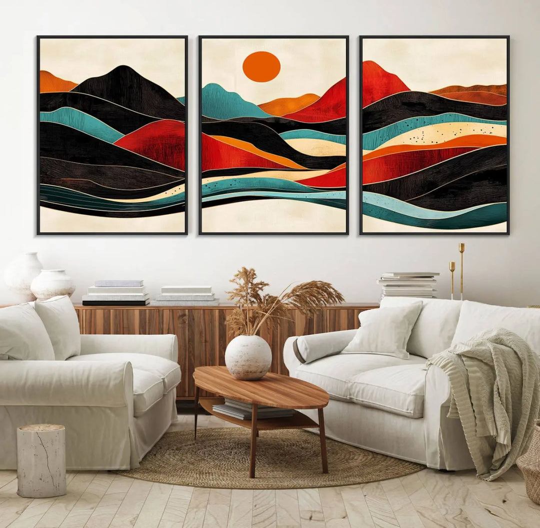 Western Wall Decor - Large Triptych Mountain Canvas - Boho Woodland Wall Art Print - Framed Southwest Nature Prints for Log Cabin Walls