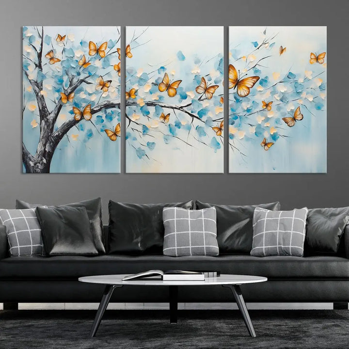 White Flowers Canvas Tree Painting with Butterflies Modern Wall Art Set of Print