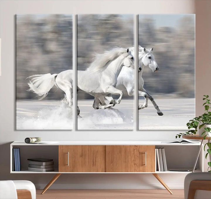 White Horses Running Poster Print on Canvas Wall Art Framed Set of