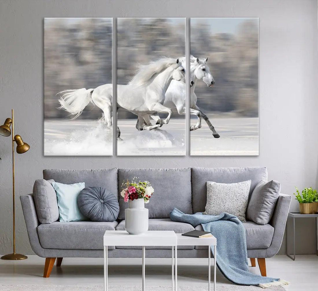 White Horses Running Poster Print on Canvas Wall Art Framed Set of