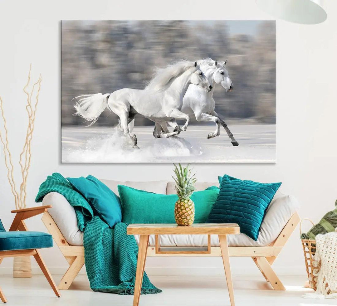 White Horses Running Poster Print on Canvas Wall Art Framed Set of