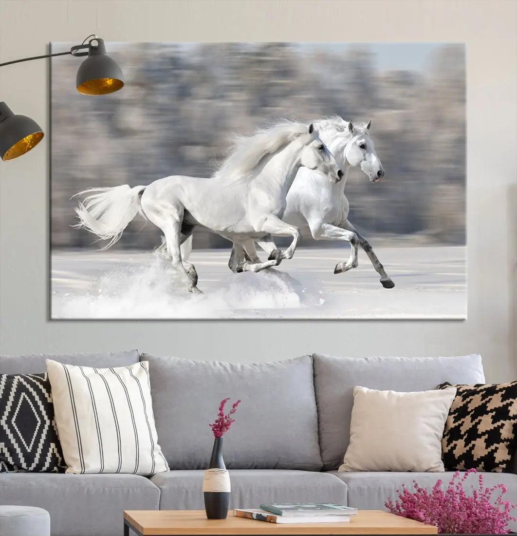 White Horses Running Poster Print on Canvas Wall Art Framed Set of