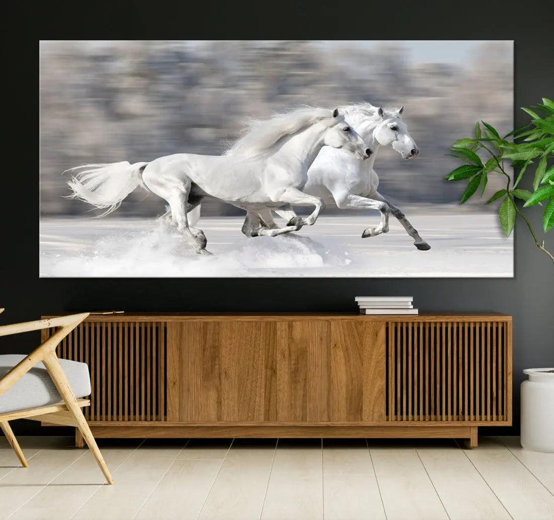 White Horses Running Poster Print on Canvas Wall Art Framed Set of