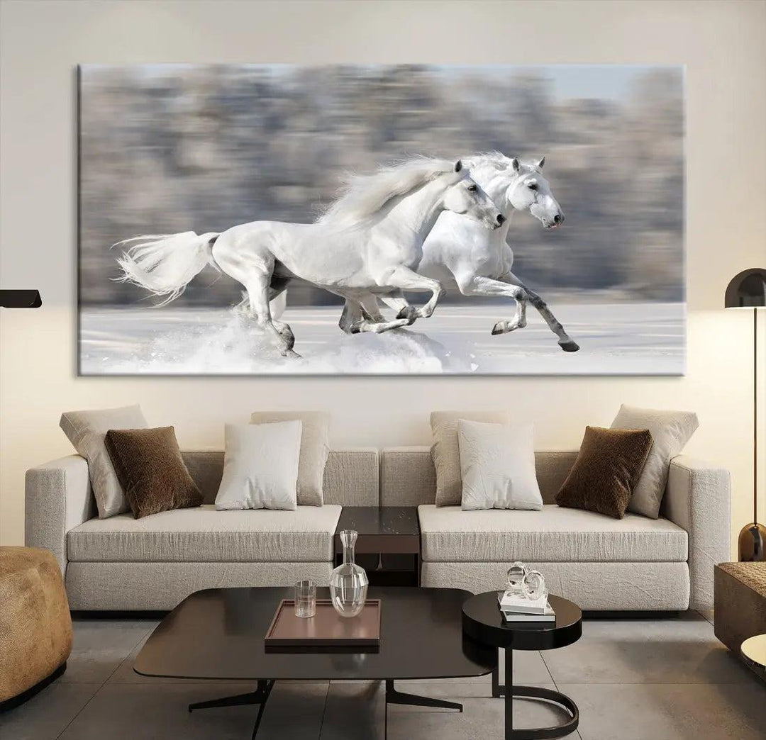 White Horses Running Poster Print on Canvas Wall Art Framed Set of