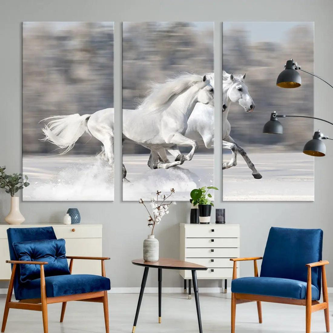 White Horses Running Poster Print on Canvas Wall Art Framed Set of