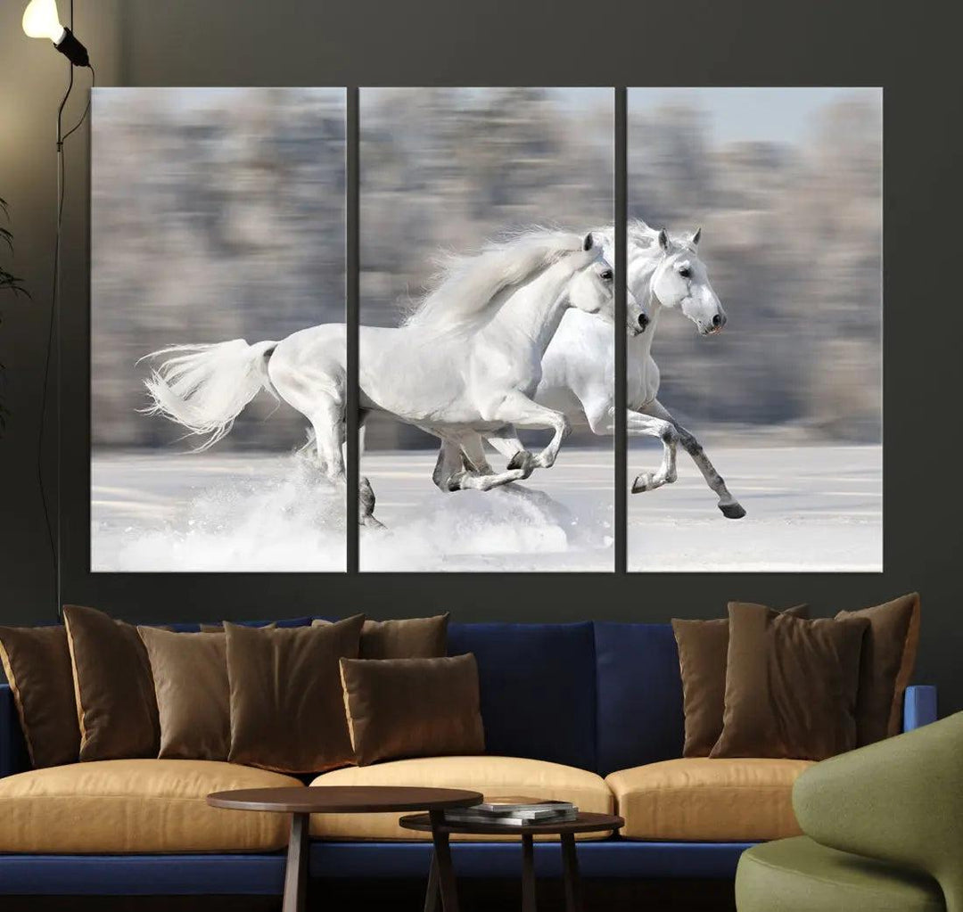 White Horses Running Poster Print on Canvas Wall Art Framed Set of