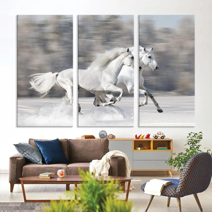 White Horses Running Poster Print on Canvas Wall Art Framed Set of