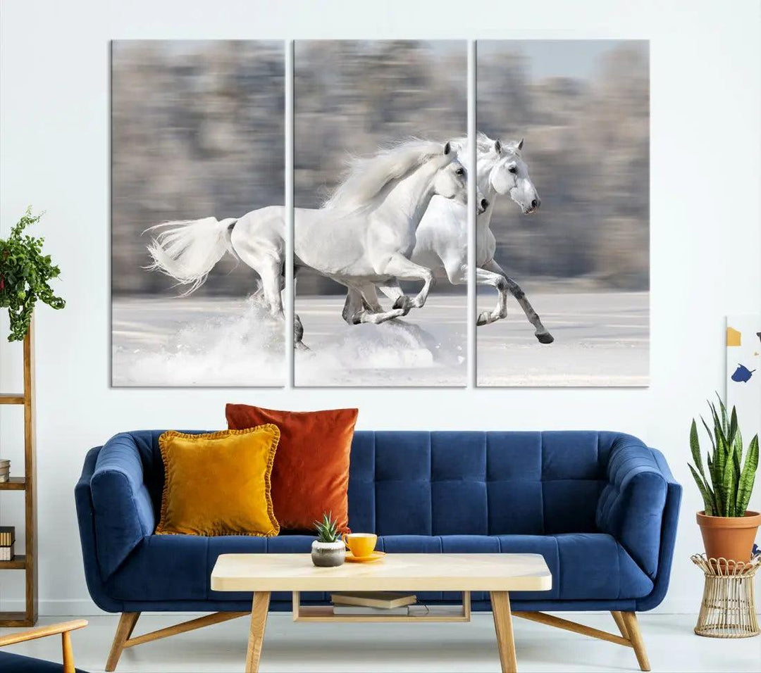 White Horses Running Poster Print on Canvas Wall Art Framed Set of