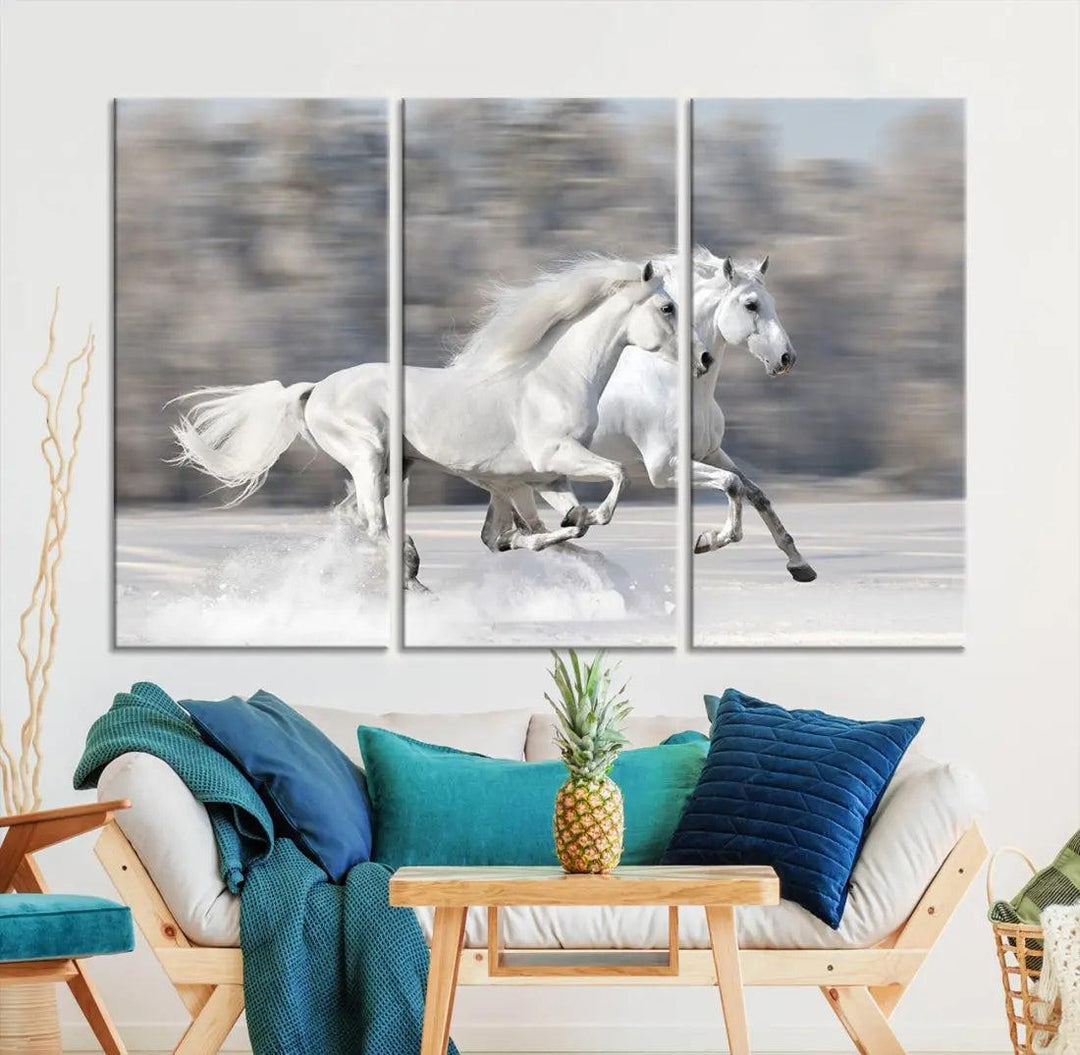 White Horses Running Poster Print on Canvas Wall Art Framed Set of