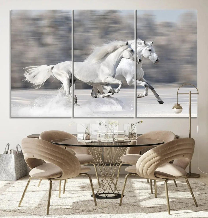 White Horses Running Poster Print on Canvas Wall Art Framed Set of