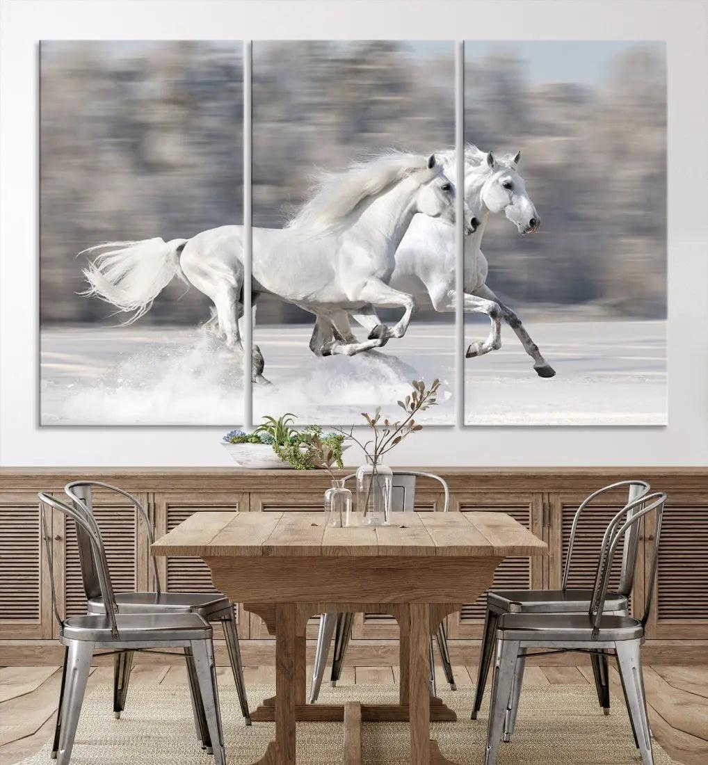 White Horses Running Poster Print on Canvas Wall Art Framed Set of