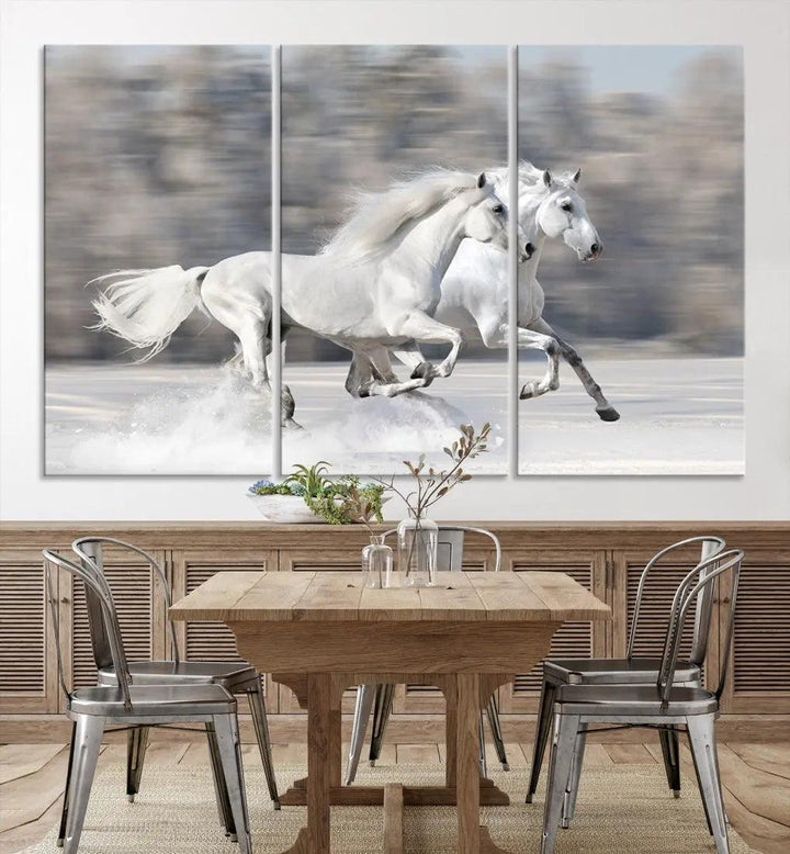 White Horses Running Poster Print on Canvas Wall Art Framed Set of