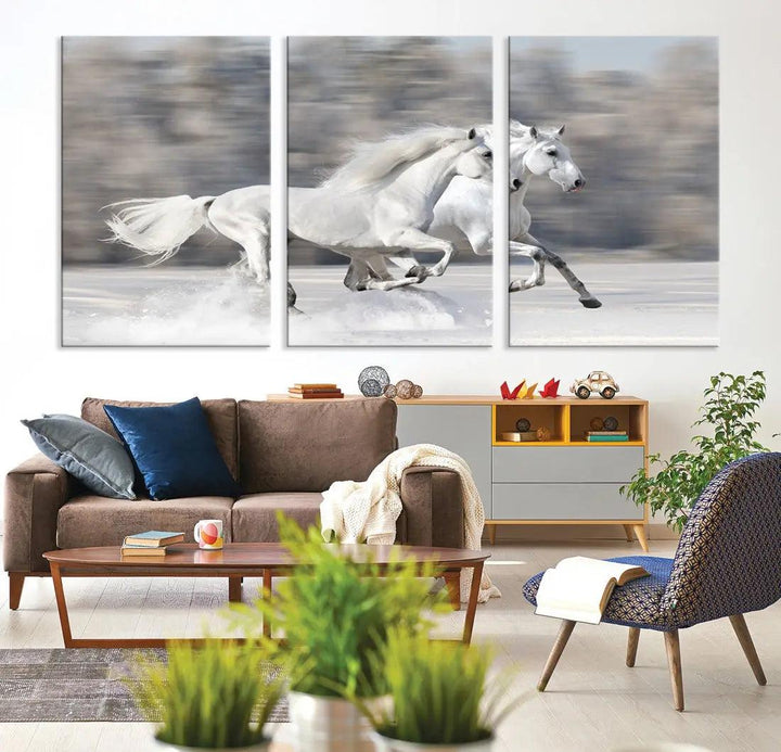 White Horses Running Poster Print on Canvas Wall Art Framed Set of