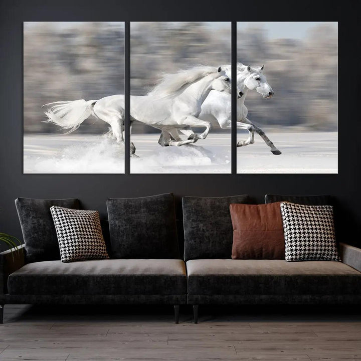 White Horses Running Poster Print on Canvas Wall Art Framed Set of