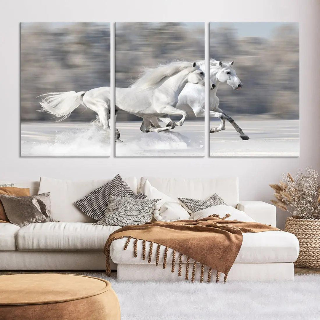 White Horses Running Poster Print on Canvas Wall Art Framed Set of