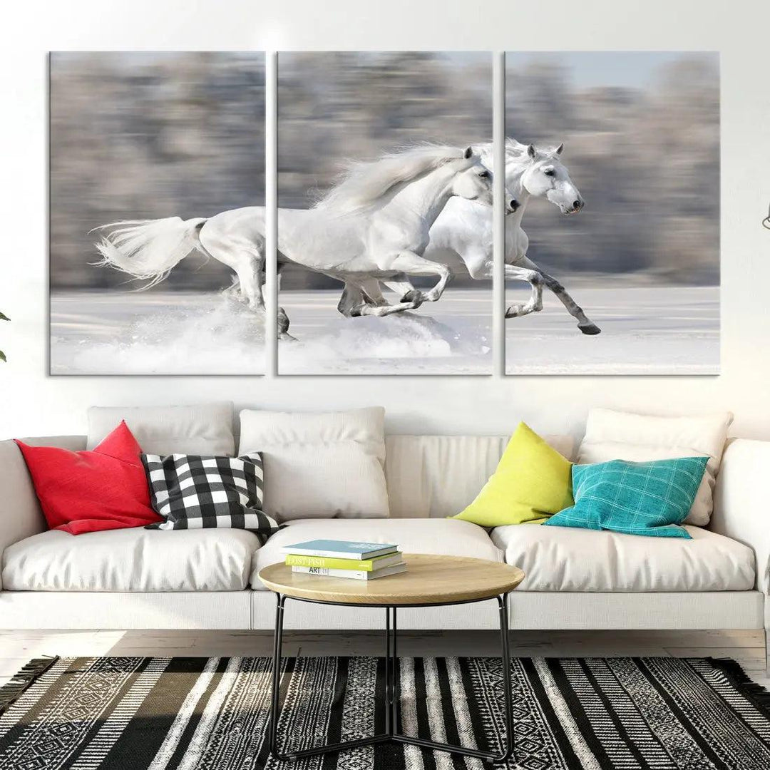 White Horses Running Poster Print on Canvas Wall Art Framed Set of