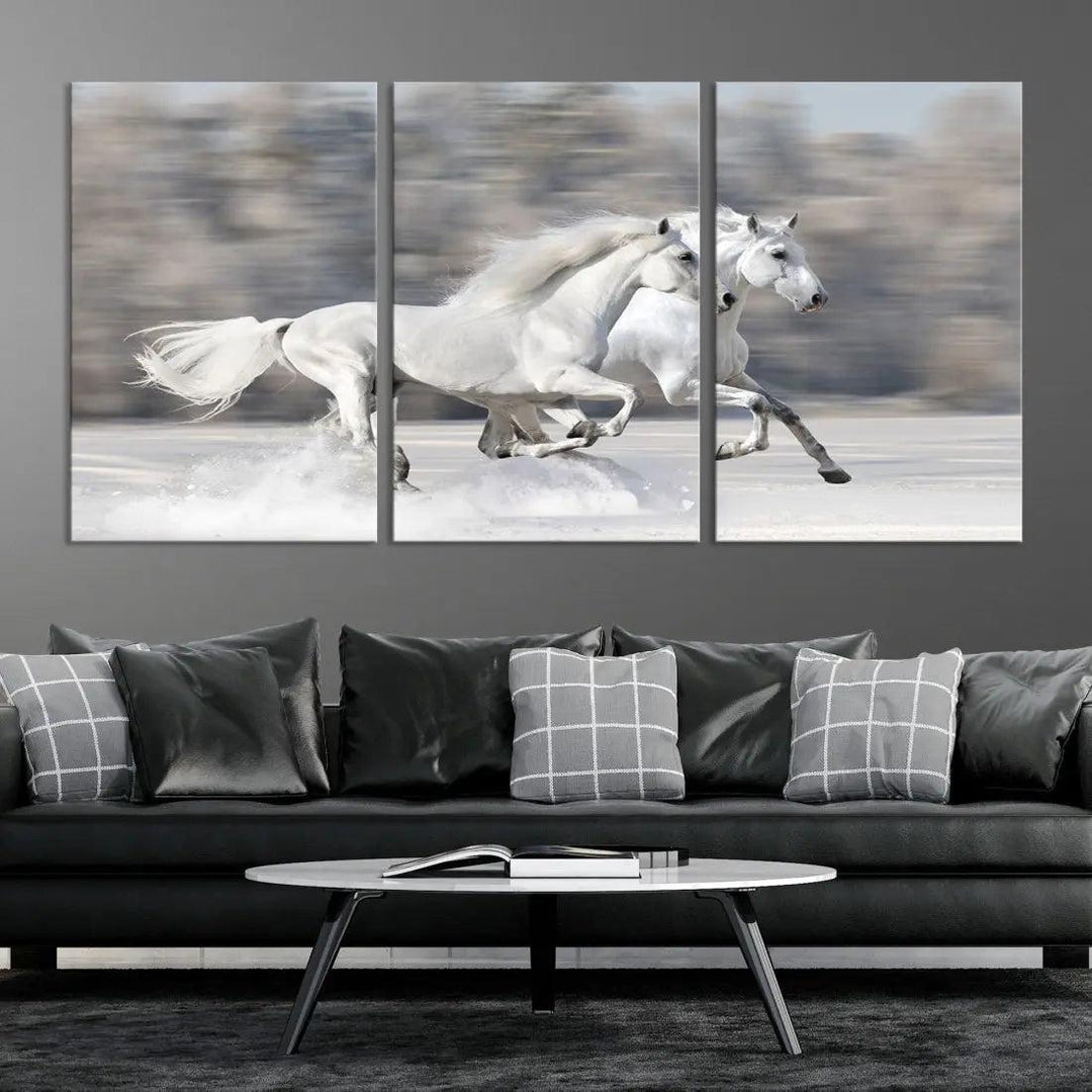 White Horses Running Poster Print on Canvas Wall Art Framed Set of