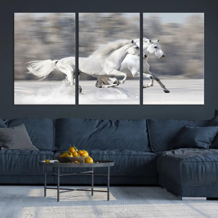 White Horses Running Poster Print on Canvas Wall Art Framed Set of