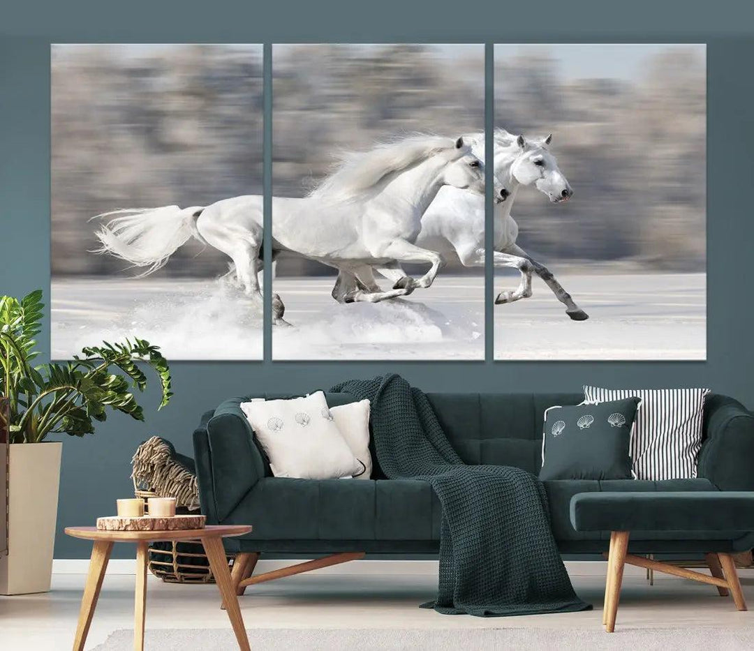 White Horses Running Poster Print on Canvas Wall Art Framed Set of