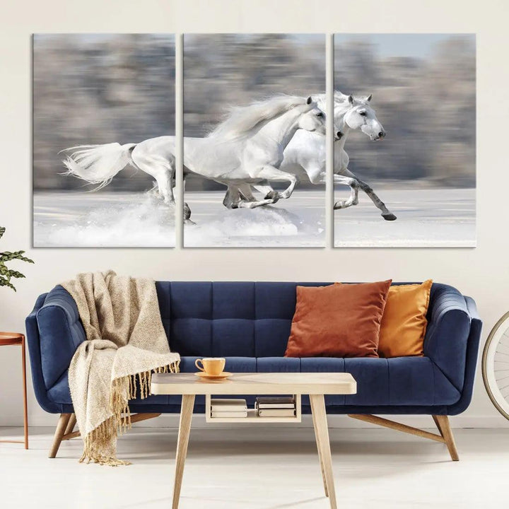 White Horses Running Poster Print on Canvas Wall Art Framed Set of