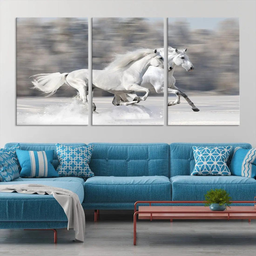 White Horses Running Poster Print on Canvas Wall Art Framed Set of