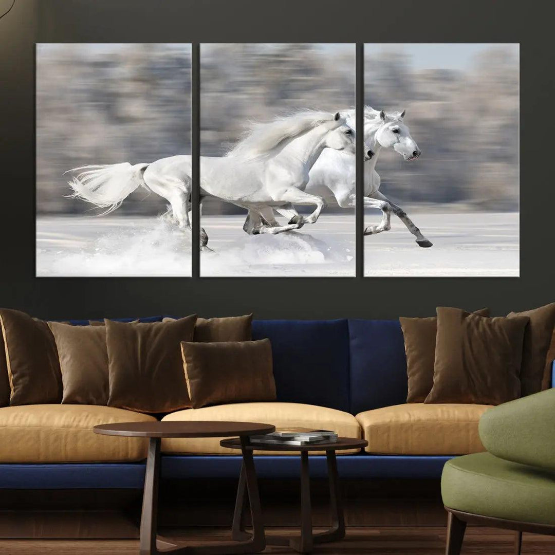 White Horses Running Poster Print on Canvas Wall Art Framed Set of