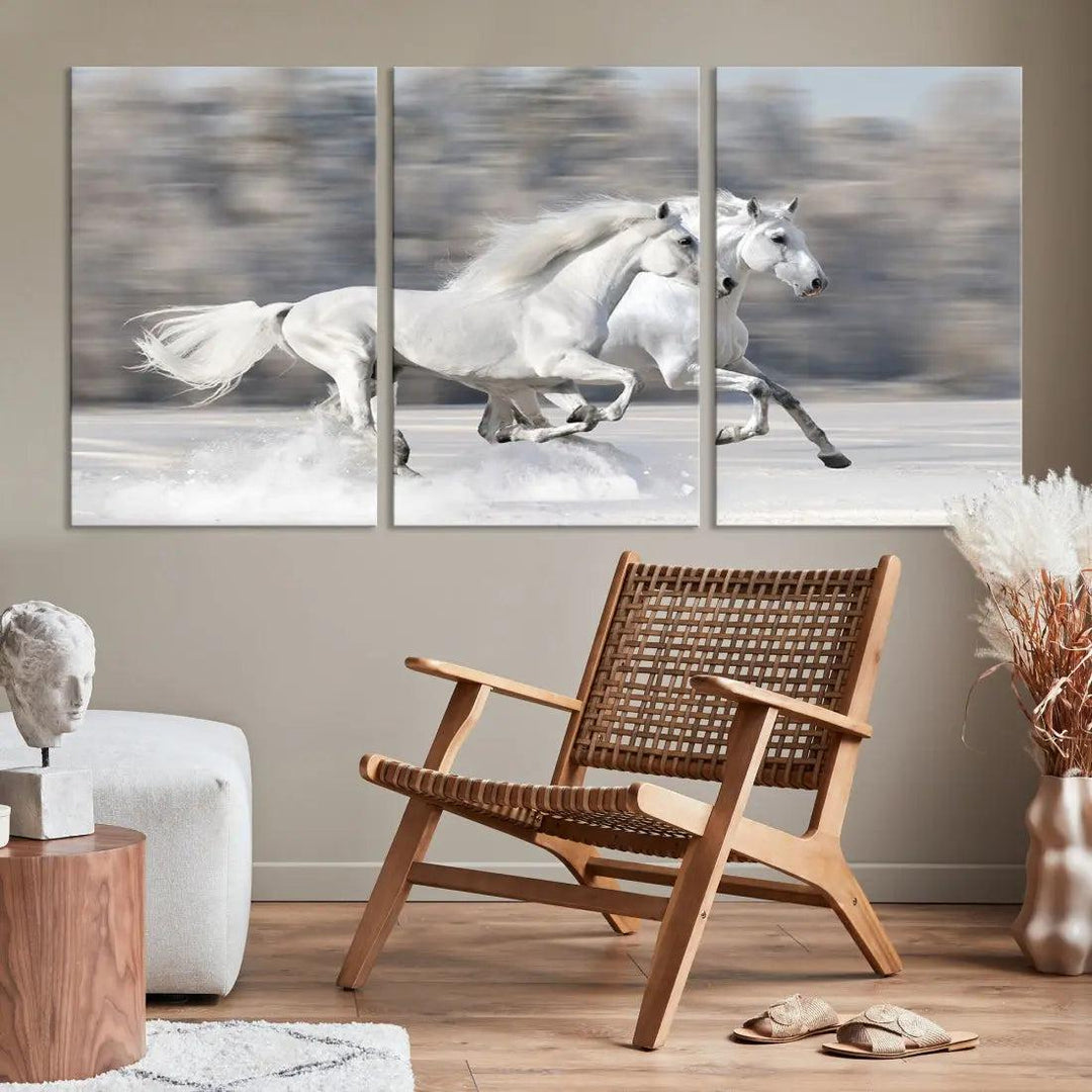 White Horses Running Poster Print on Canvas Wall Art Framed Set of