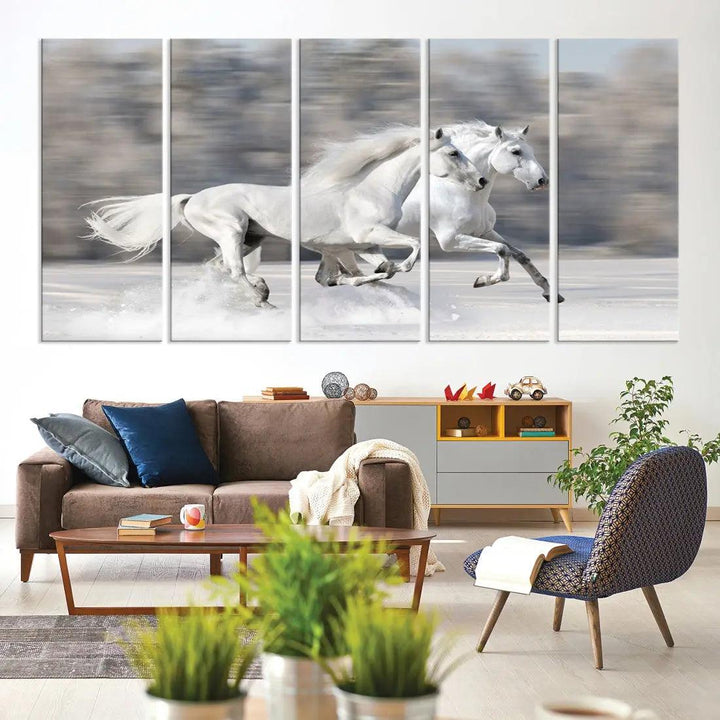 White Horses Running Poster Print on Canvas Wall Art Framed Set of