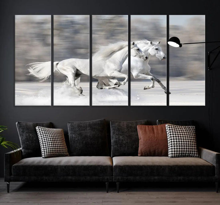 White Horses Running Poster Print on Canvas Wall Art Framed Set of