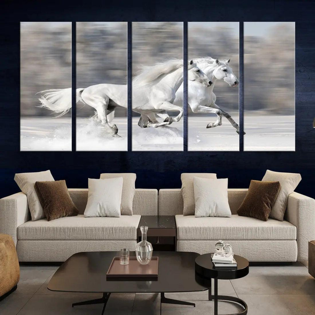 White Horses Running Poster Print on Canvas Wall Art Framed Set of