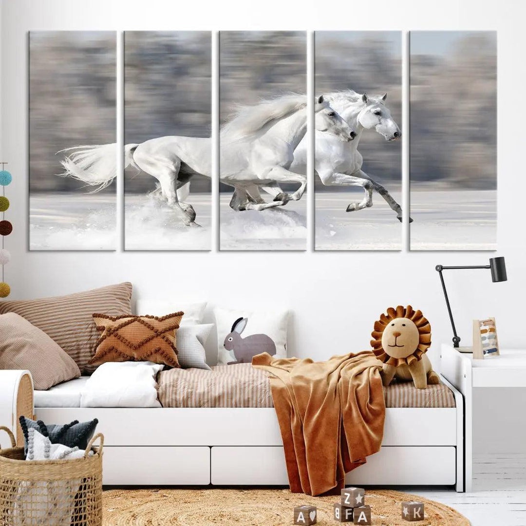 White Horses Running Poster Print on Canvas Wall Art Framed Set of