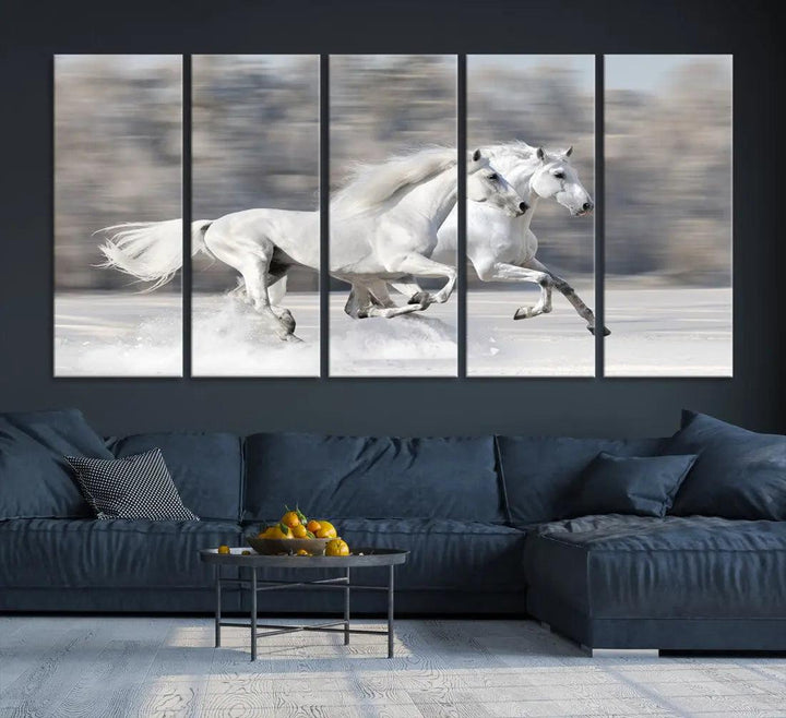 White Horses Running Poster Print on Canvas Wall Art Framed Set of