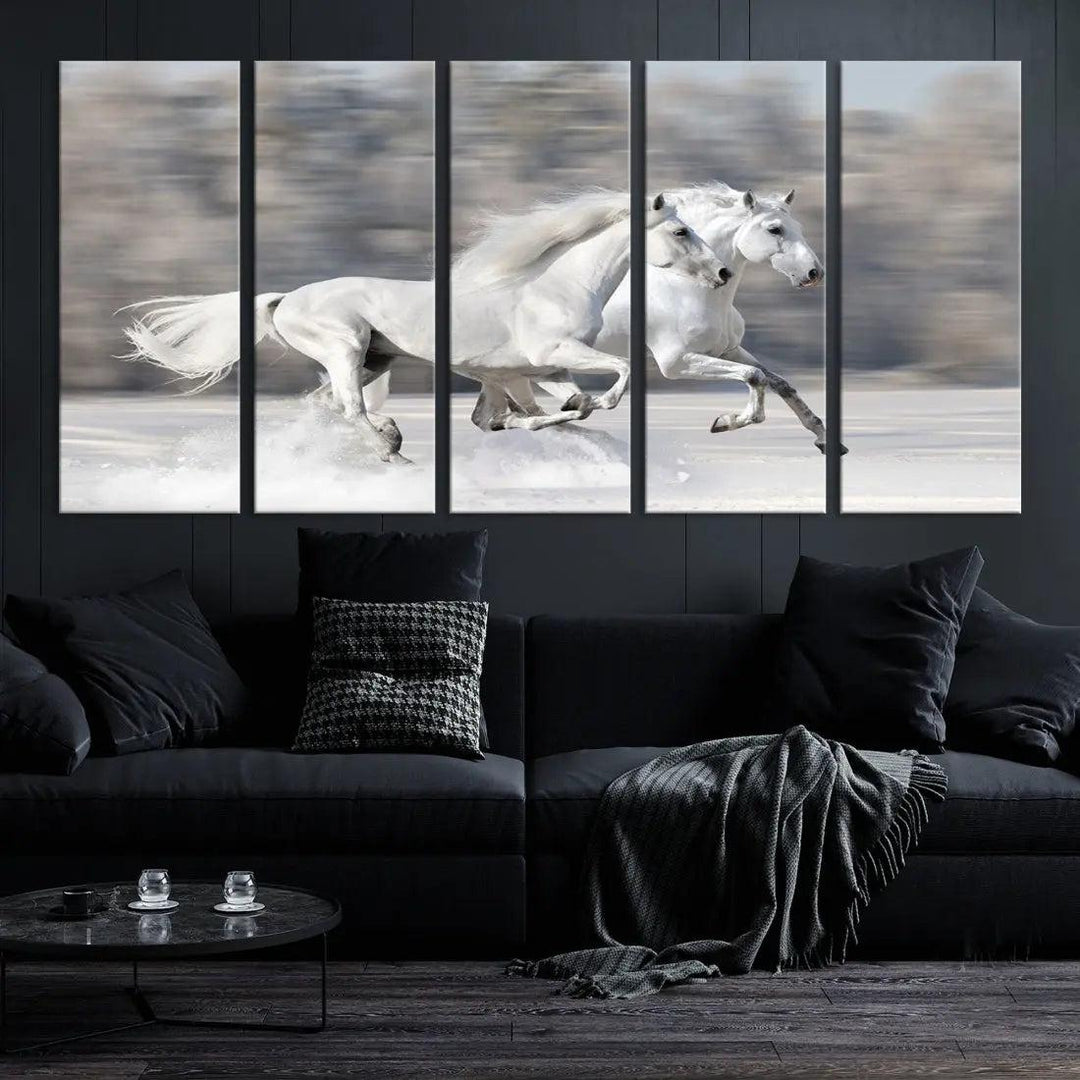 White Horses Running Poster Print on Canvas Wall Art Framed Set of