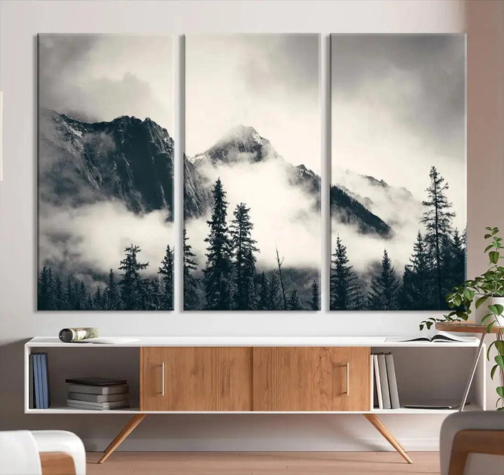 Winter Forest Misty Foggy Mountain Landscape Wall Art Canvas Print