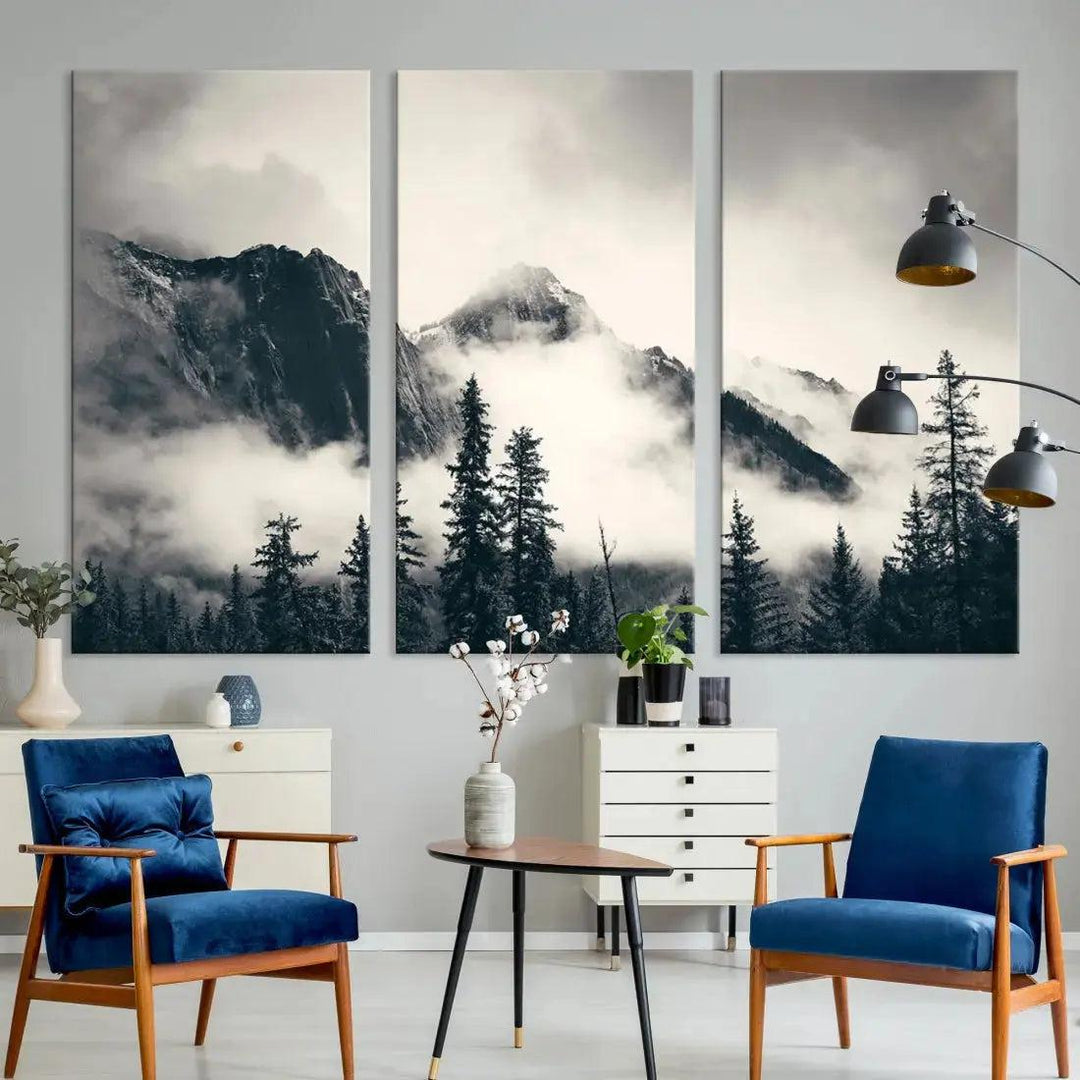 Winter Forest Misty Foggy Mountain Landscape Wall Art Canvas Print