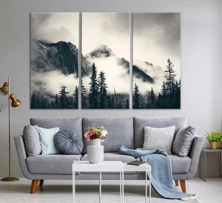 Winter Forest Misty Foggy Mountain Landscape Wall Art Canvas Print