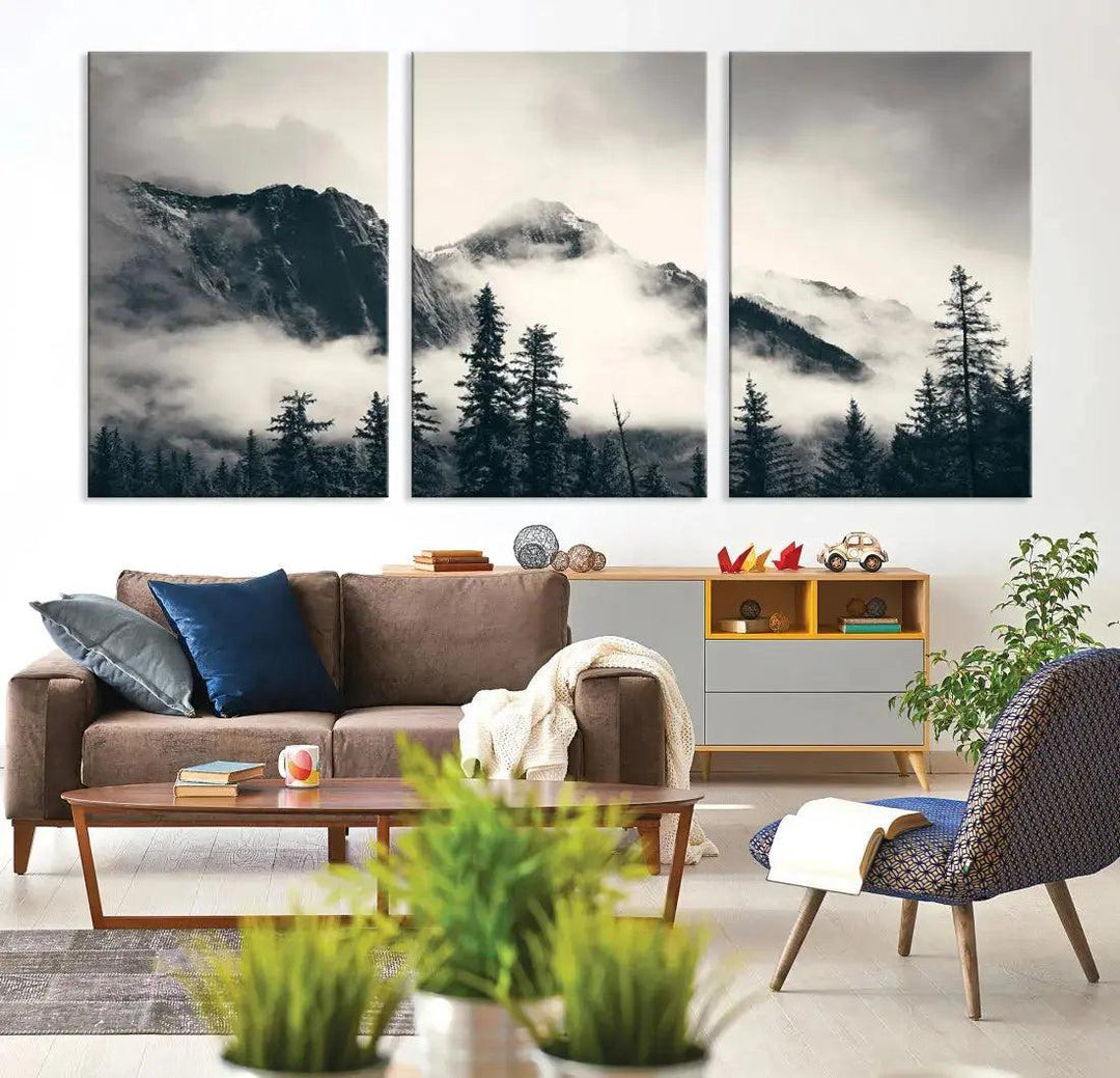 Winter Forest Misty Foggy Mountain Landscape Wall Art Canvas Print