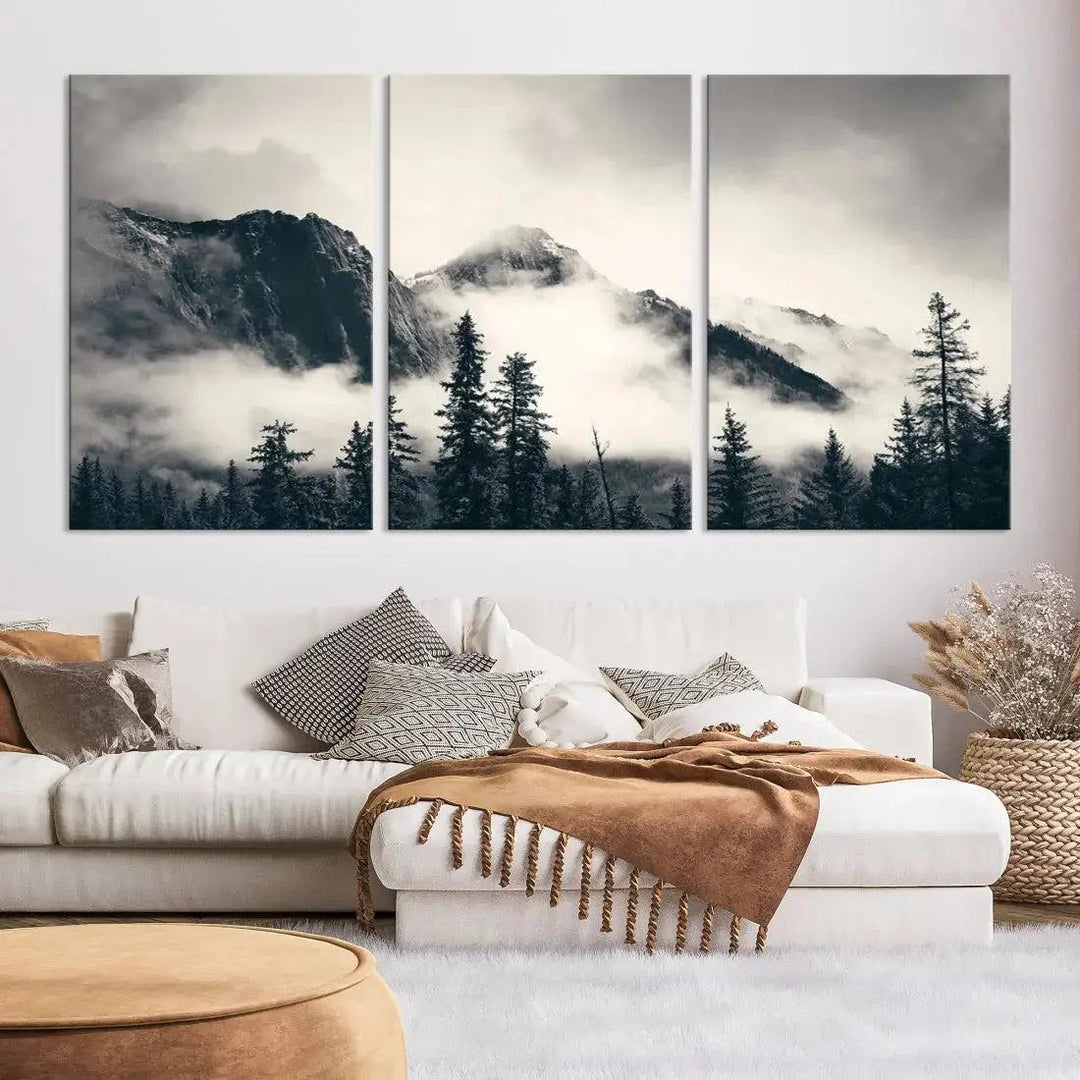 Winter Forest Misty Foggy Mountain Landscape Wall Art Canvas Print