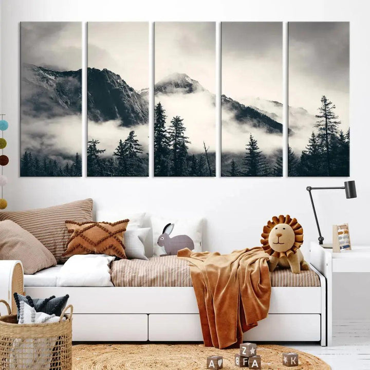 Winter Forest Misty Foggy Mountain Landscape Wall Art Canvas Print