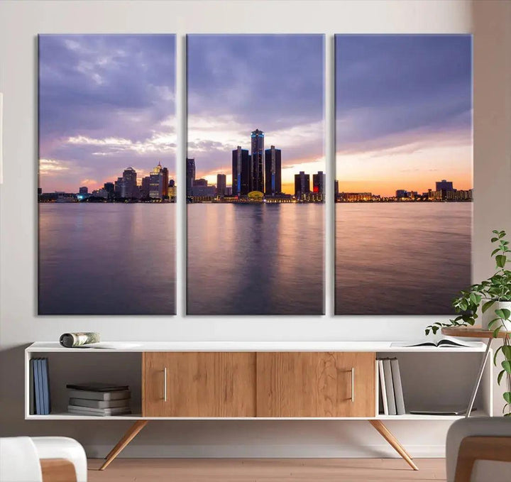 Wonderful Detroit Skyline Sunset Purple Cloudy Sky Wall Art Canvas Print