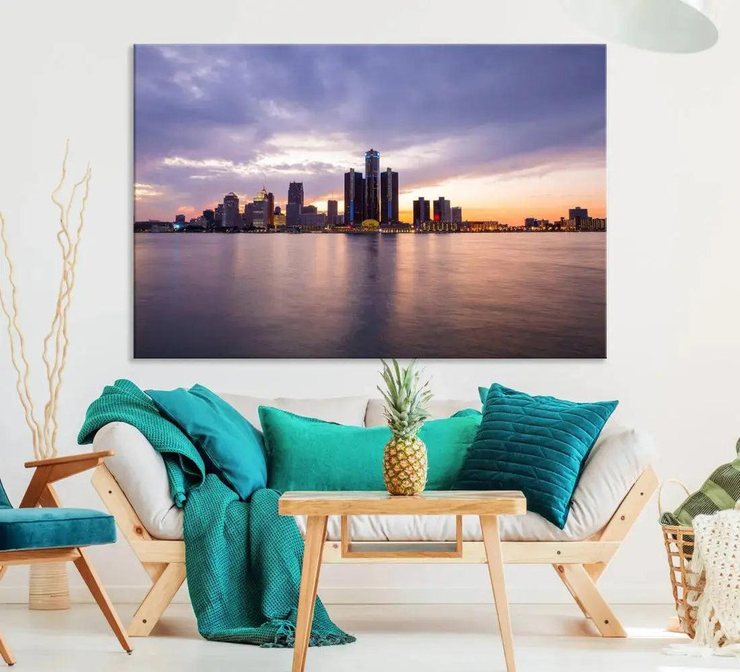 Wonderful Detroit Skyline Sunset Purple Cloudy Sky Wall Art Canvas Print