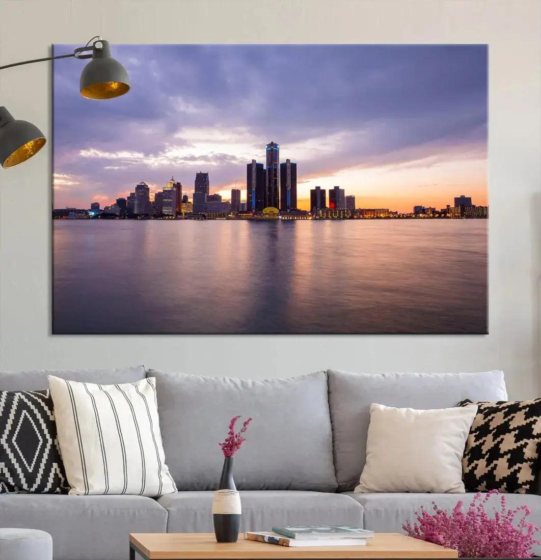 Wonderful Detroit Skyline Sunset Purple Cloudy Sky Wall Art Canvas Print