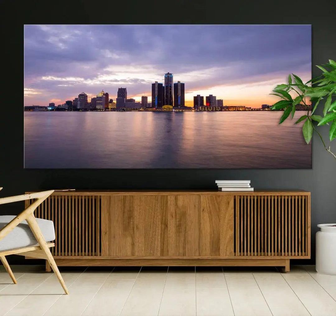 Wonderful Detroit Skyline Sunset Purple Cloudy Sky Wall Art Canvas Print