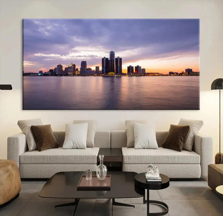 Wonderful Detroit Skyline Sunset Purple Cloudy Sky Wall Art Canvas Print